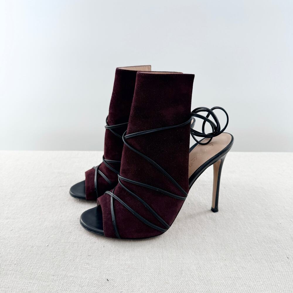 Gianvito Rossi Suede Stilettos Wrap Around Ankle Booties Burgundy Women EU 37.5